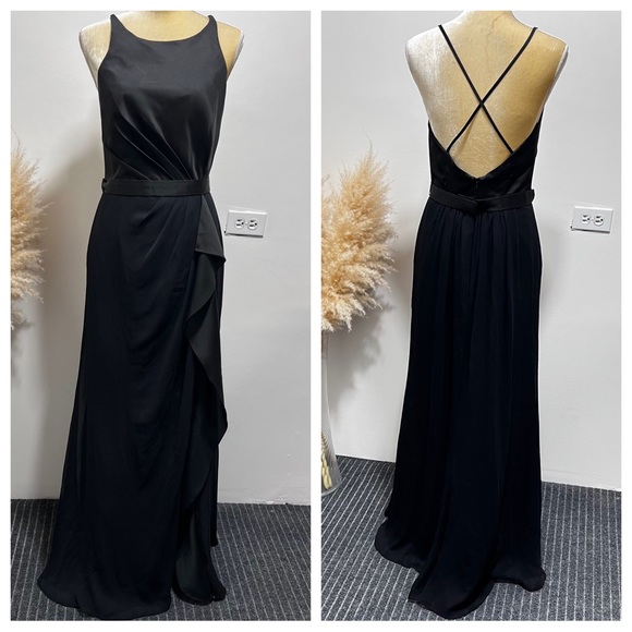 WHITE BY VERA WANG Charmeuse Chiffon Ruffle Dress Size 10 Strappy back in Black - Picture 3 of 13